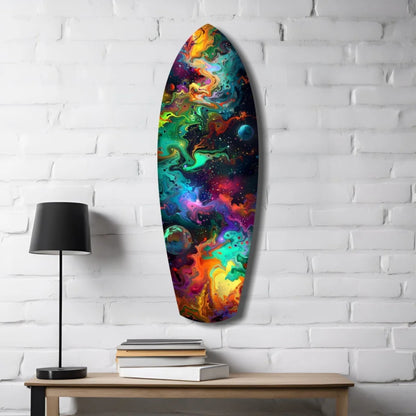 Vibrant cosmic surfboard tempered glass art with swirling nebula colors