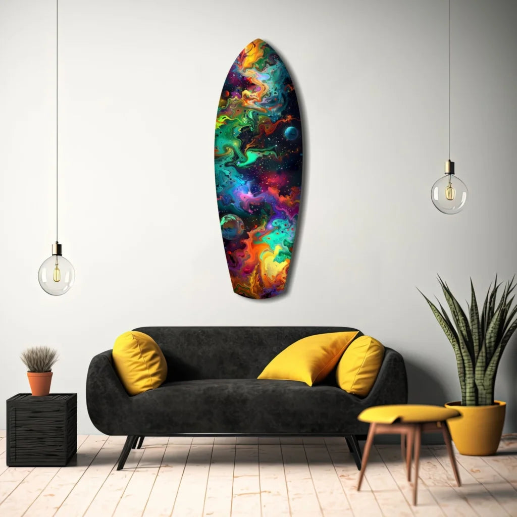 Vibrant cosmic surfboard tempered glass art with swirling nebulae in teal, magenta, orange, purple
