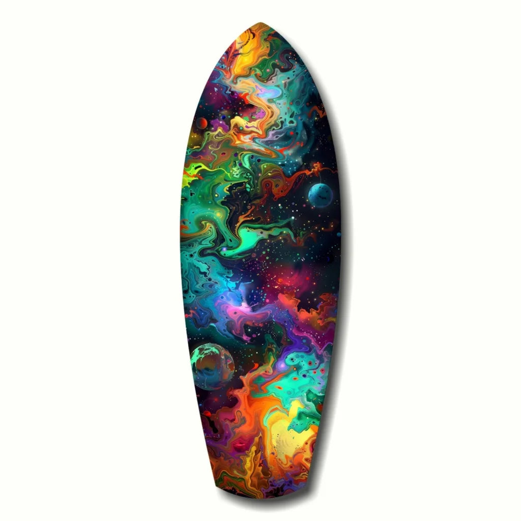 Vibrant cosmic surfboard glass art in tempered glass with nebula colors
