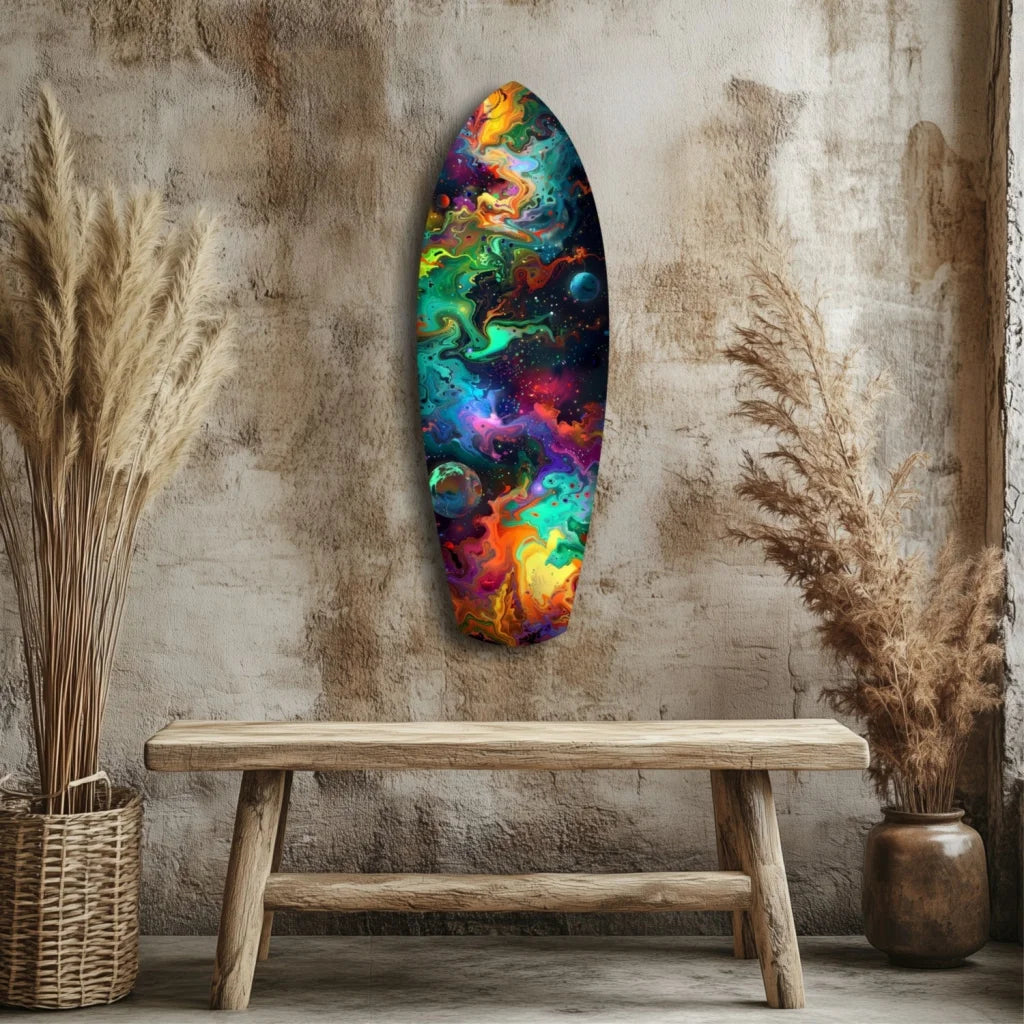 Vibrant cosmic surfboard tempered glass art with swirling nebulae