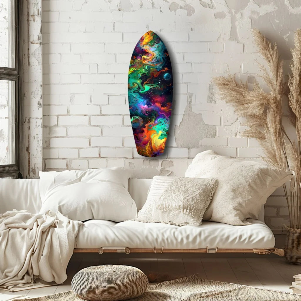 Vibrant cosmic surfboard tempered glass art with swirling nebula colors
