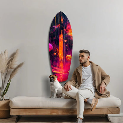 Vibrant cosmic surfboard tempered glass art in pink, orange, purple hues