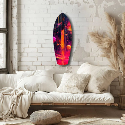 Vibrant cosmic surfboard tempered glass art with glowing nebula colors