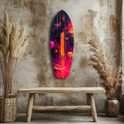 Vibrant cosmic surfboard tempered glass art in pink, orange, purple galaxy hues