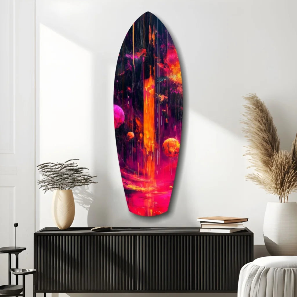 Vibrant cosmic surfboard tempered glass art with glowing galaxy colors