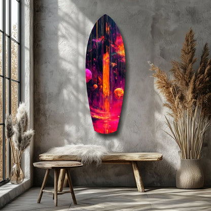 Vibrant cosmic surfboard tempered glass art with galaxy colors