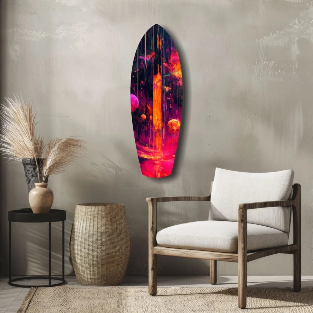 Vibrant cosmic surfboard tempered glass art with glossy galaxy colors