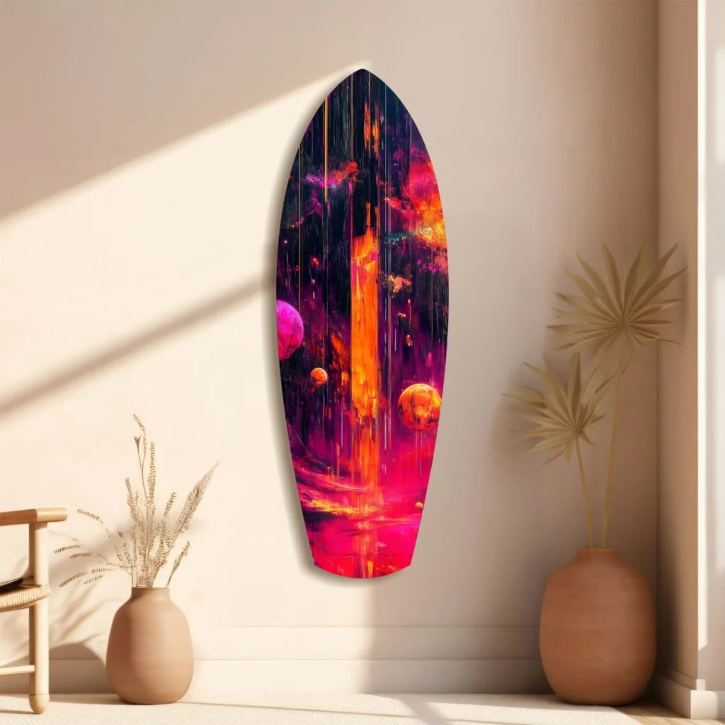 Vibrant cosmic surfboard tempered glass art with galaxy colors