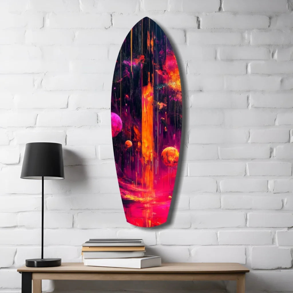 Vibrant cosmic surfboard tempered glass art with galaxy nebulae colors