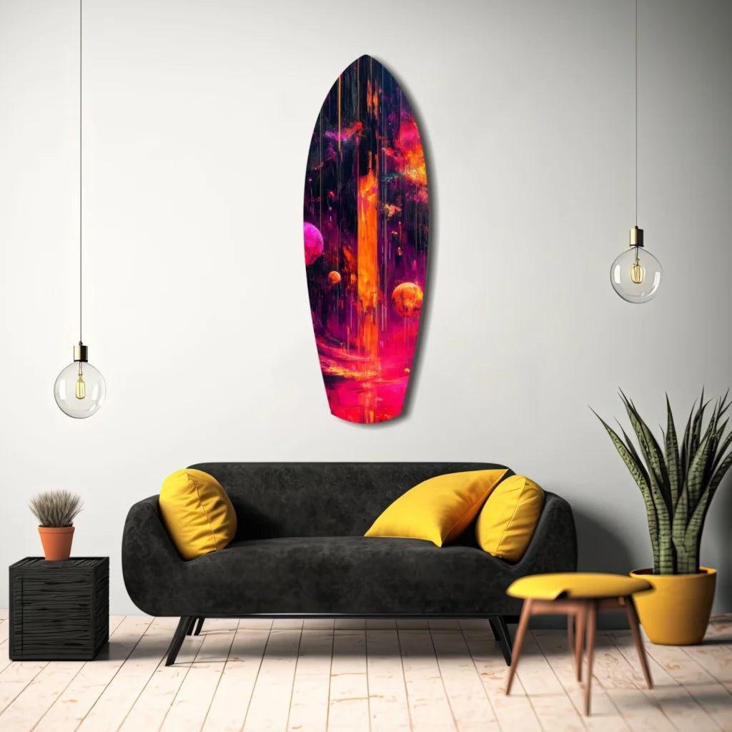 Vibrant cosmic surfboard tempered glass art in swirling purples, pinks, oranges
