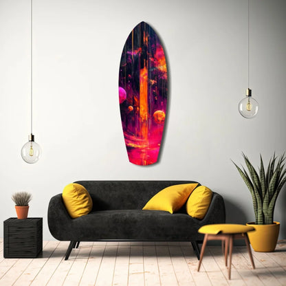 Vibrant cosmic surfboard tempered glass art in swirling purples, pinks, oranges