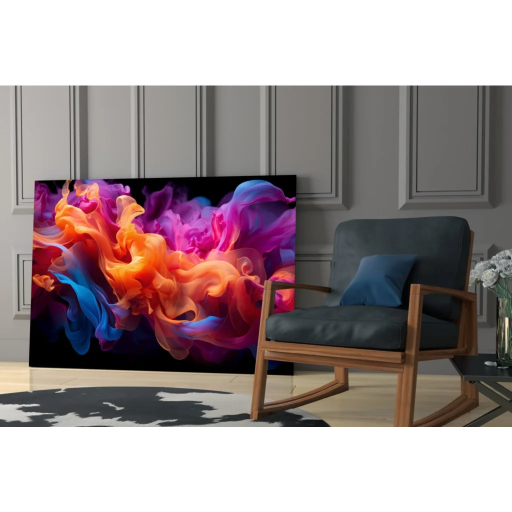 Vibrant cosmic swirl abstract canvas wall art in bold orange, purple, blue, pink hues on black