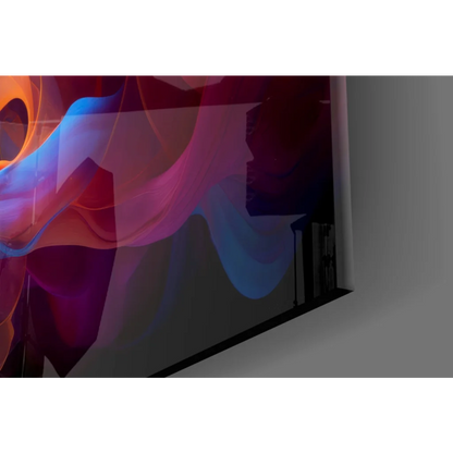Vibrant cosmic swirl abstract glass wall art in bold orange, blue, magenta