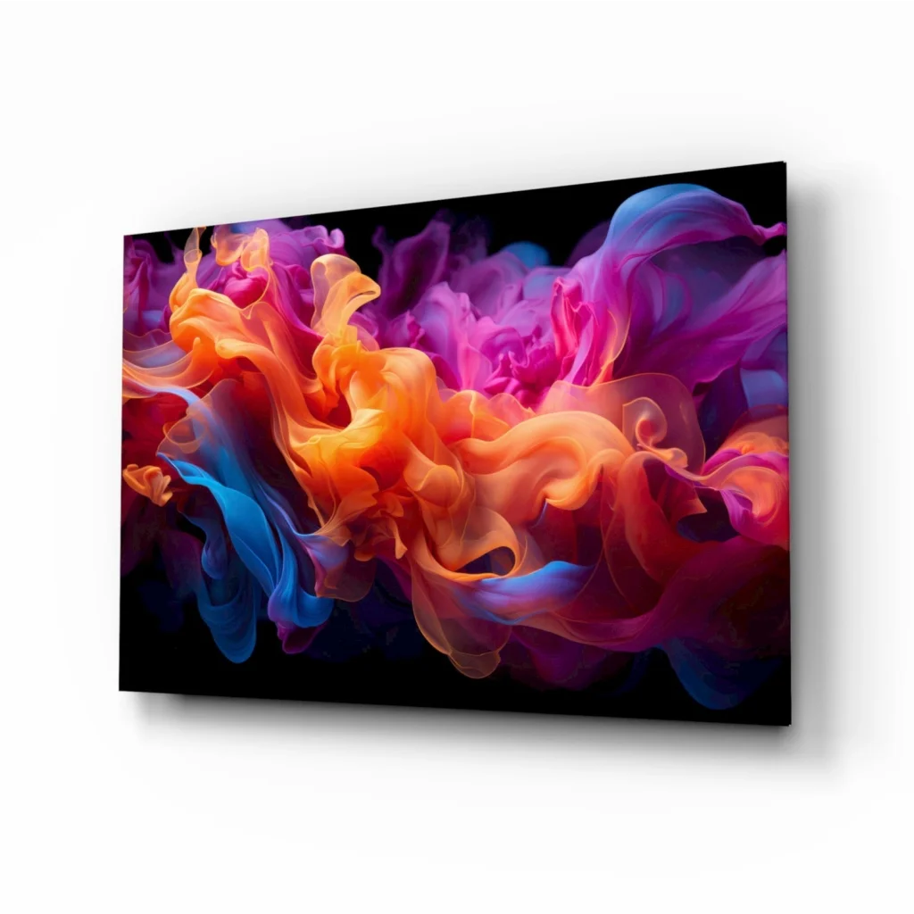 Vibrant cosmic swirl abstract canvas wall art in bold orange, pink, purple, blue hues on black