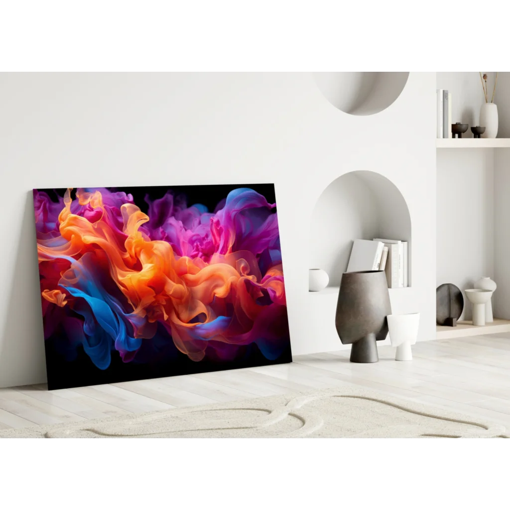 Vibrant cosmic swirl abstract wall art canvas in bold orange, purple, blue, pink hues on black
