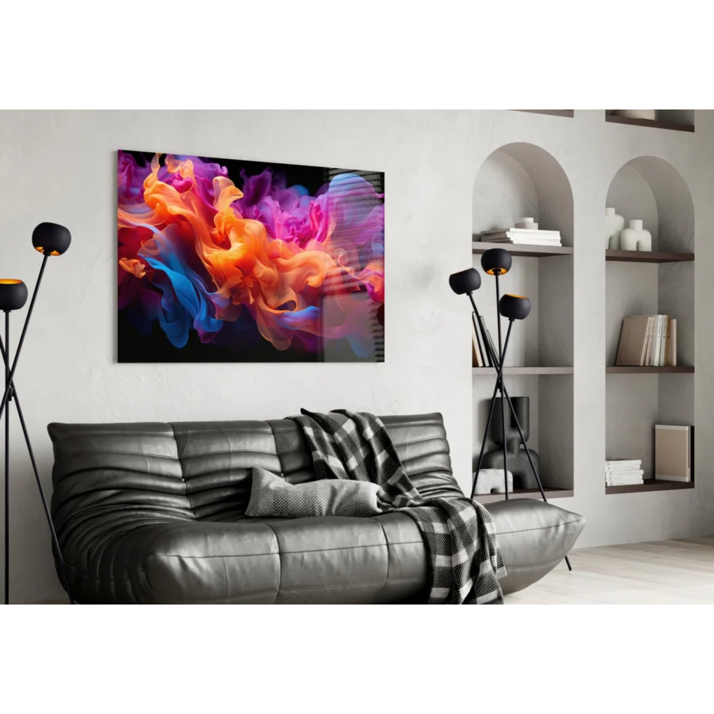 Vibrant cosmic swirl abstract canvas wall art in bold orange, purple, blue hues