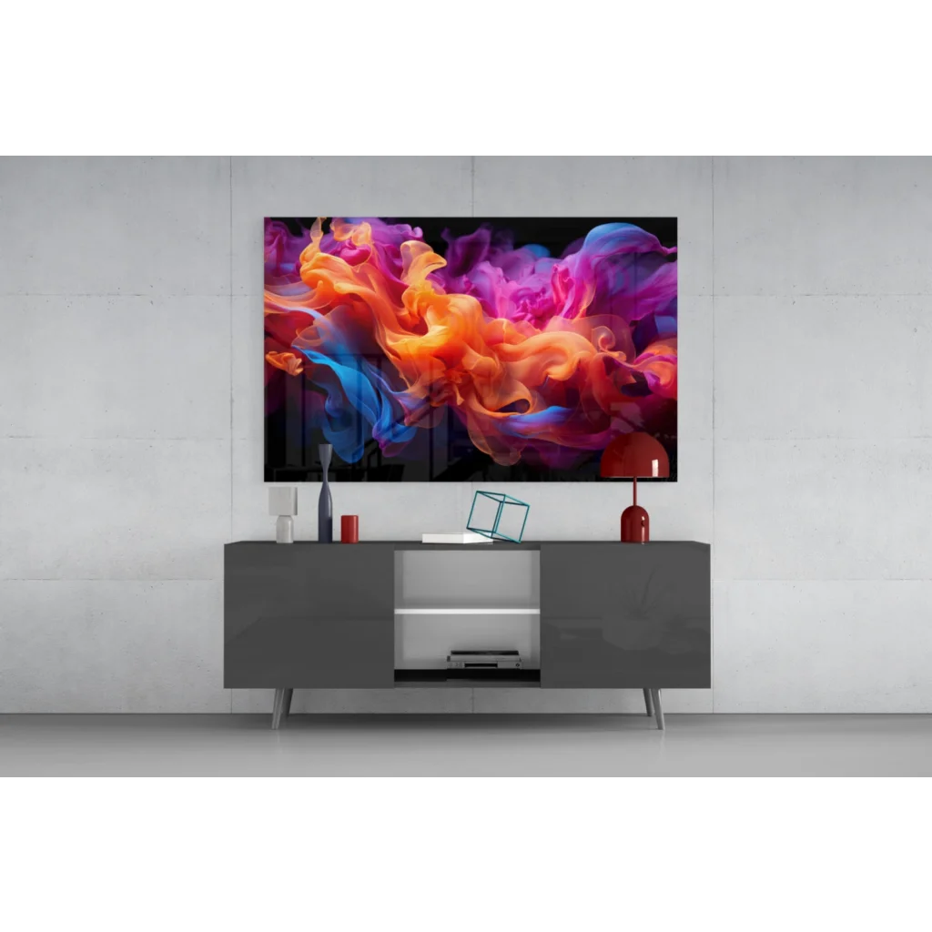 Vibrant cosmic swirl abstract wall art in bold orange, purple, blue, pink hues on canvas