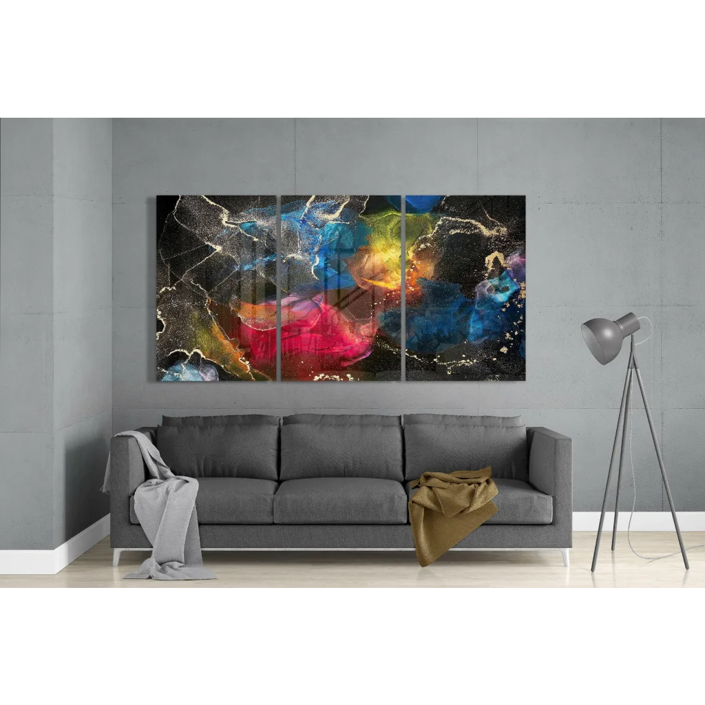 Vibrant cosmic swirl triptych wall art with blue pink yellow orange hues