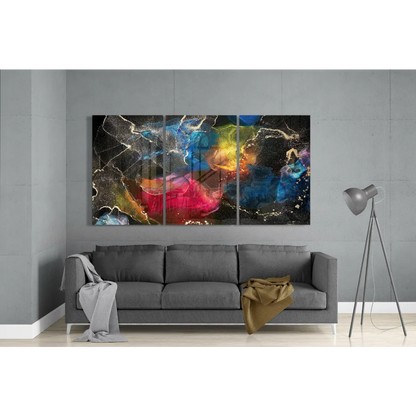 Vibrant cosmic swirl triptych wall art with blue pink yellow orange hues