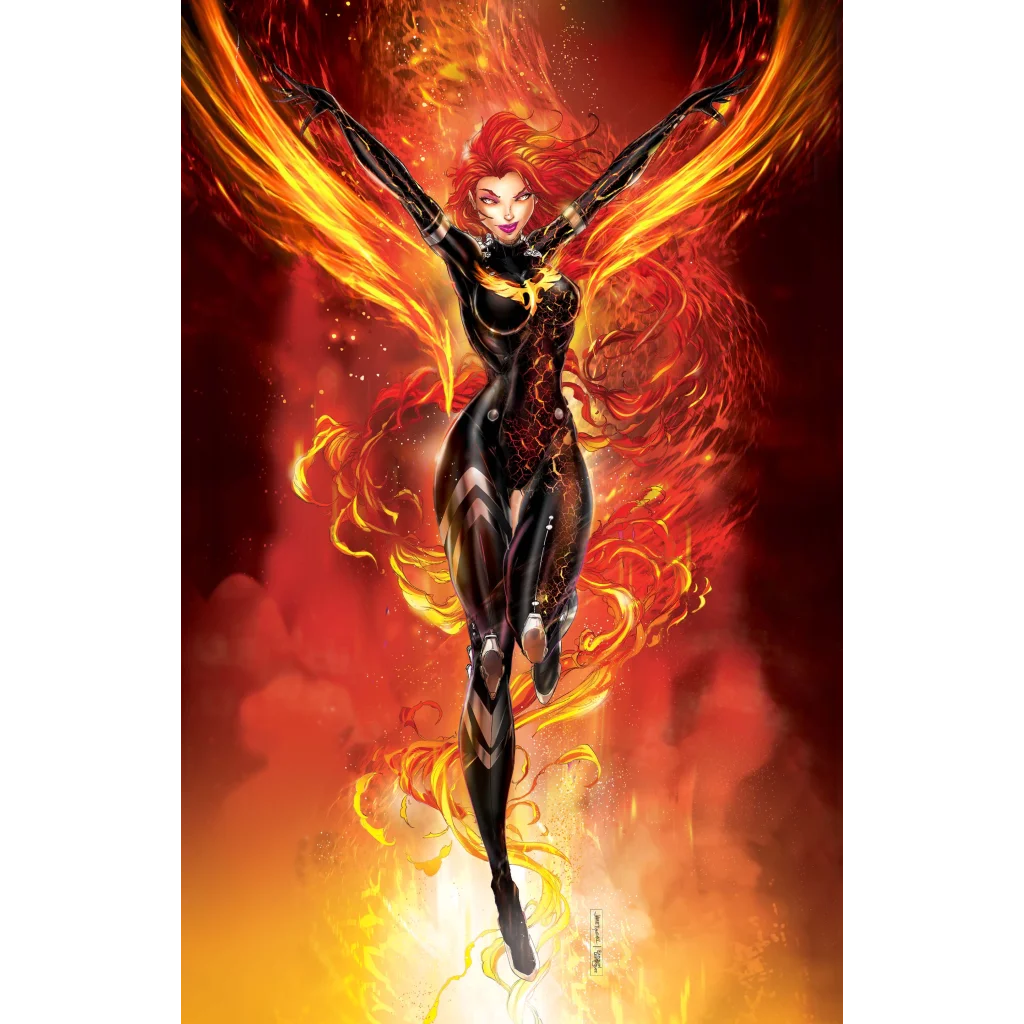 Cosmic telepath virgin comic hero in fiery red black suit with orange flame wings