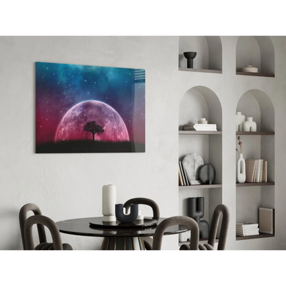 Vibrant cosmic tree silhouetted against pink purple planet in starry night wall art canvas print