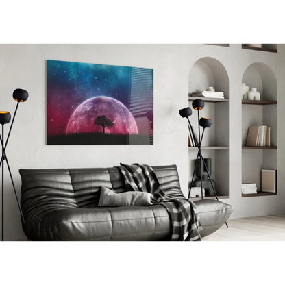 Surreal cosmic tree planet wall art canvas print with starry night sky