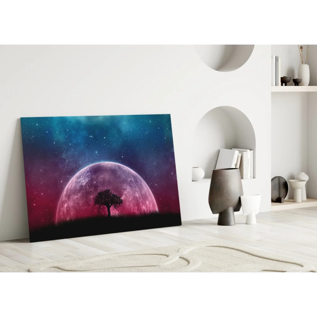Vibrant cosmic tree wall art canvas print with starry night sky silhouette