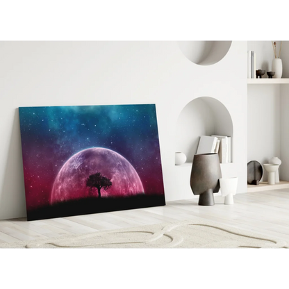 Vibrant cosmic tree wall art canvas print with starry night sky silhouette