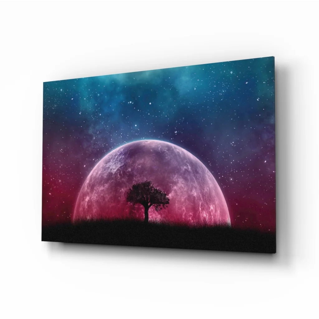 Solitary tree silhouette on cosmic planet canvas wall art print