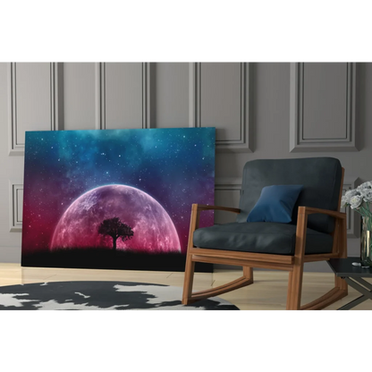 Vibrant cosmic tree silhouetted against pink purple planet in starry night sky wall art