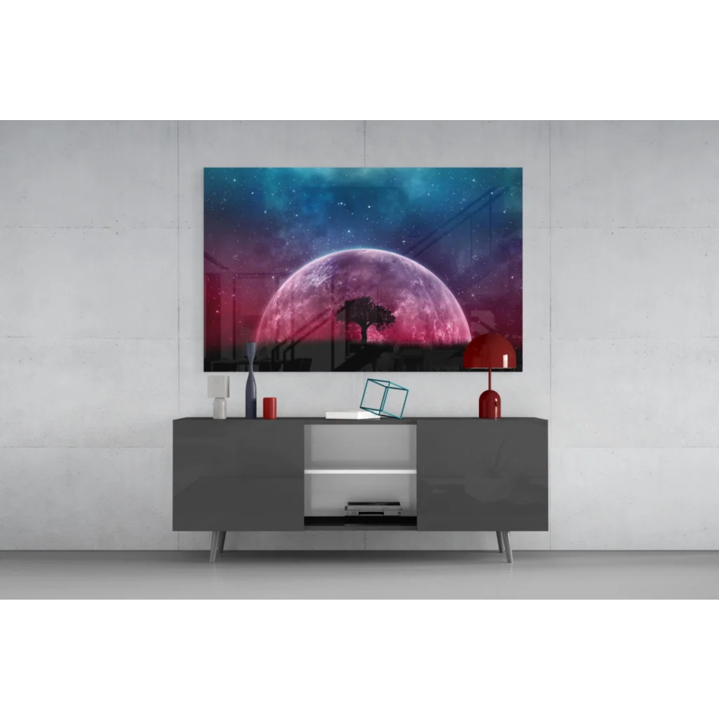 Glowing pink purple planet wall art canvas print on gray console