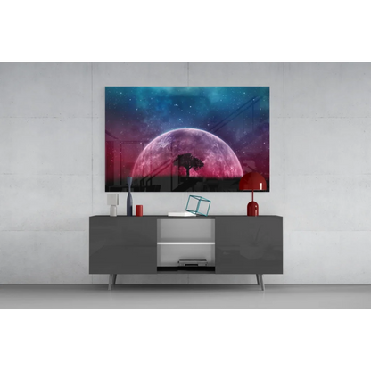 Glowing pink purple planet wall art canvas print on gray console