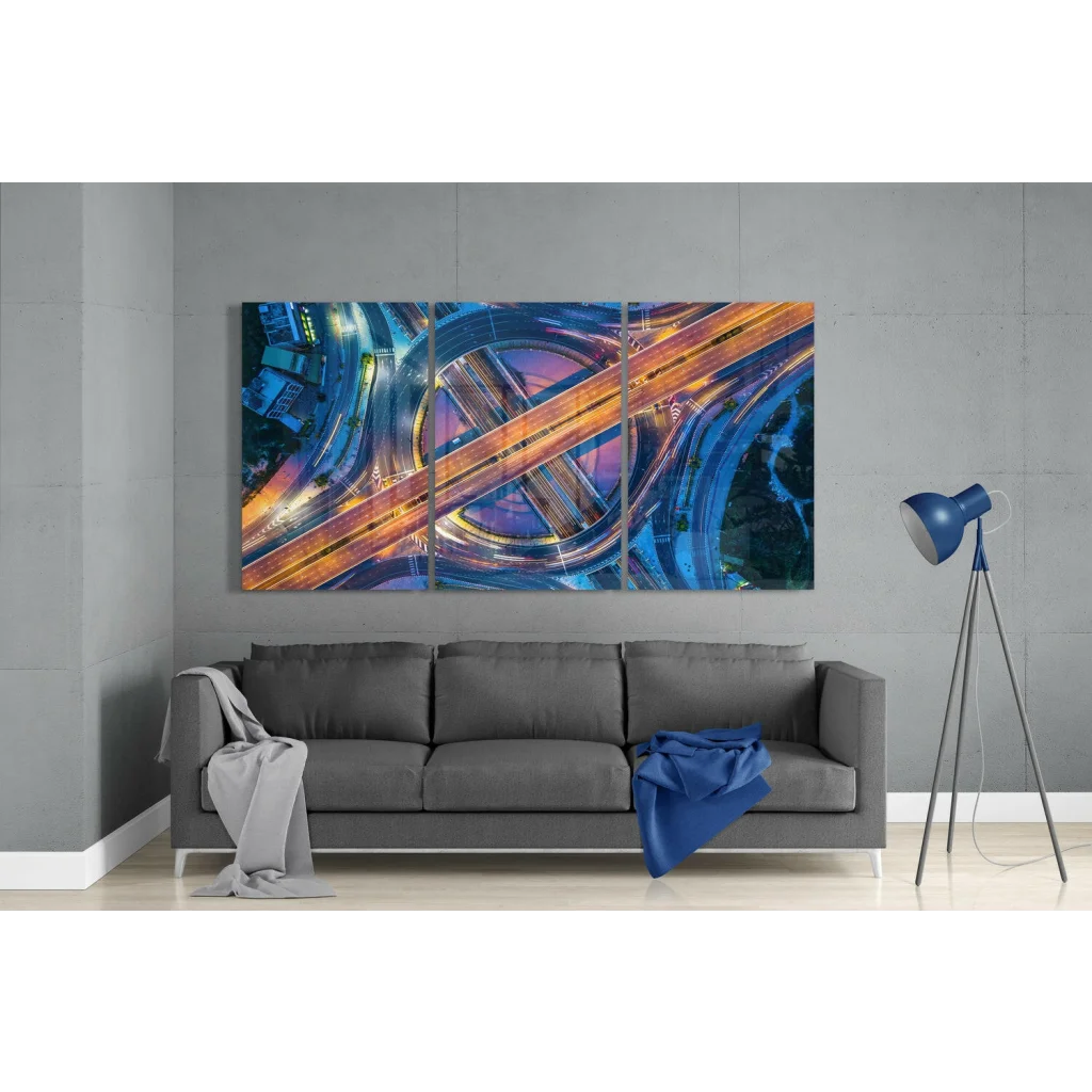 Vibrant glowing highway glass wall art tri-panel canvas print
