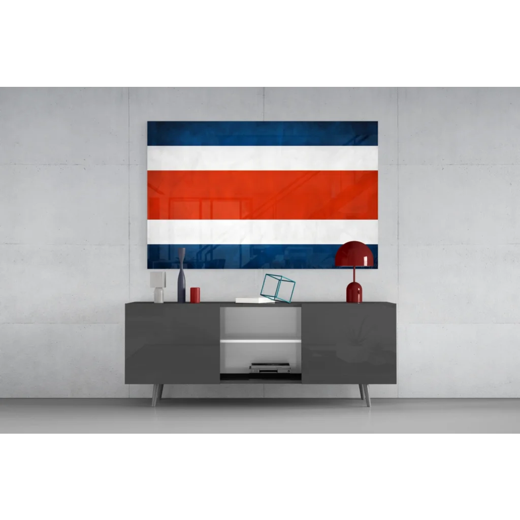 Modern gray lacquered sideboard with Costa Rican flag wall art