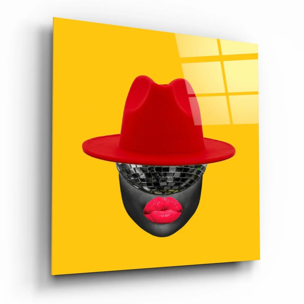 Bold red fedora on glossy black face with disco glasses, pink lips, yellow background glass wall art