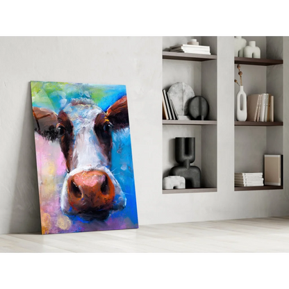 Vibrant abstract cow glass wall art on canvas with bold colors