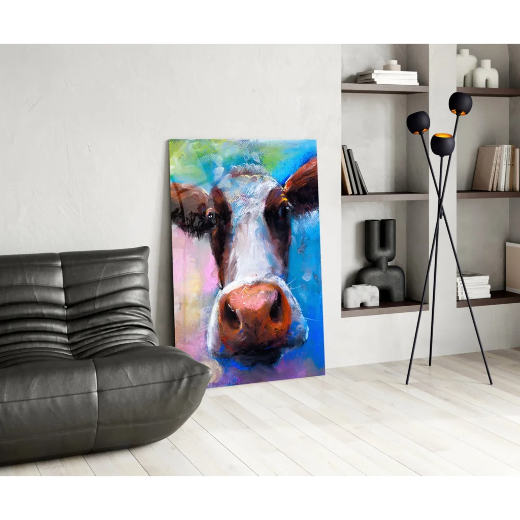 Vibrant abstract cow glass wall art with bold blue, green, pink, brown hues