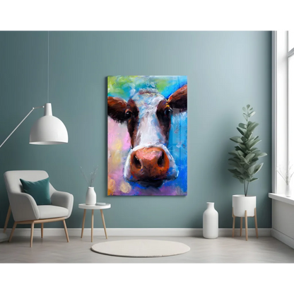 Bold Abstract Cow Glass Wall Art with Vibrant Colors | Contemporary Home Wall Art | vintageantiquesgifts.com