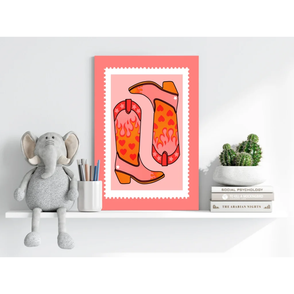 Vibrant pink orange poster of heart-patterned cowboy boots on insigne aluminum prints