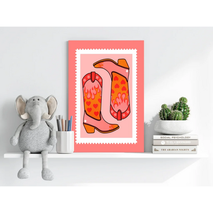 Vibrant pink orange poster of heart-patterned cowboy boots on insigne aluminum prints
