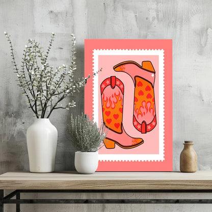 Vibrant pink Flaming Heart Cowboy Boots insigne aluminum print with orange red boots and hearts