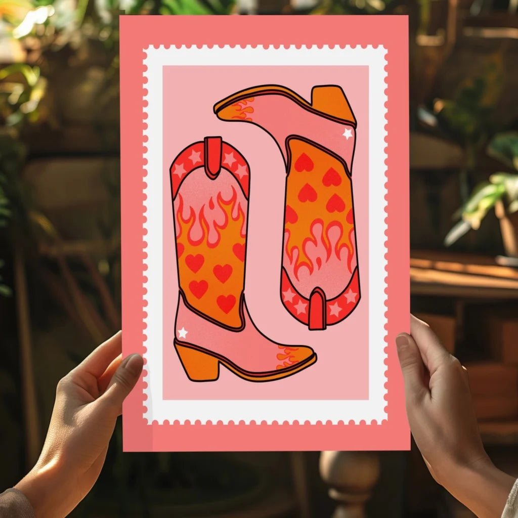 Vibrant flaming heart cowboy boots on insigne aluminum prints