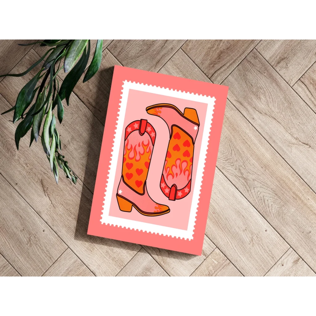 Pink flaming heart cowboy boots on insigne aluminum prints