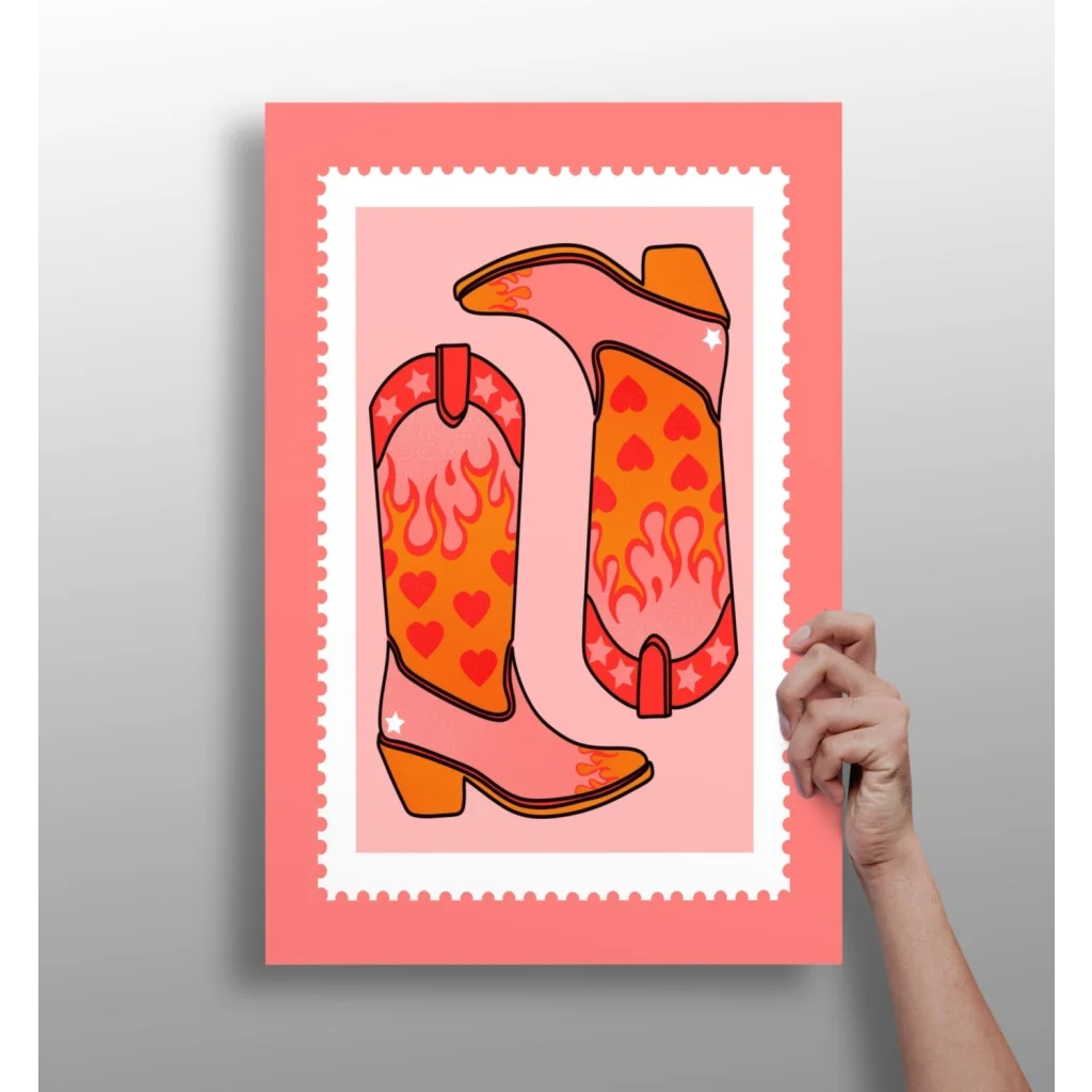 Vibrant pink orange flaming heart cowboy boots insigne aluminum print