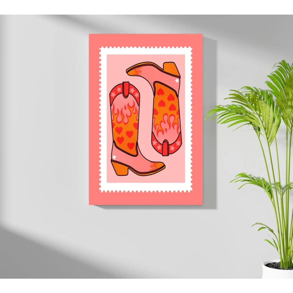 Vibrant pink orange flaming heart cowboy boots on insigne aluminum prints