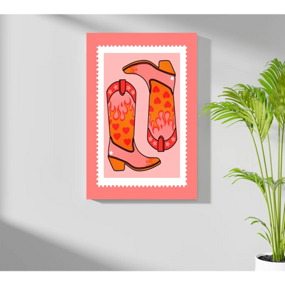 Vibrant pink orange flaming heart cowboy boots on insigne aluminum prints
