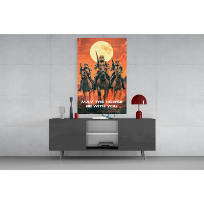Star Wars wall art canvas print: stormtroopers on horseback under moon with May the Horse Be With You text