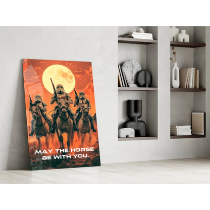 Vibrant Star Wars wall art canvas print of stormtroopers on horseback under yellow moon with May The Horse Be With You text