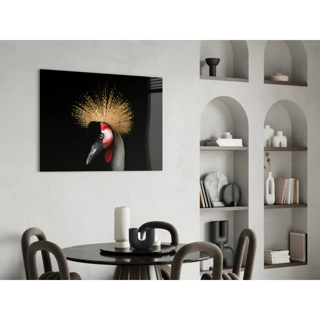Stunning golden crowned crane canvas wall art print in black frame