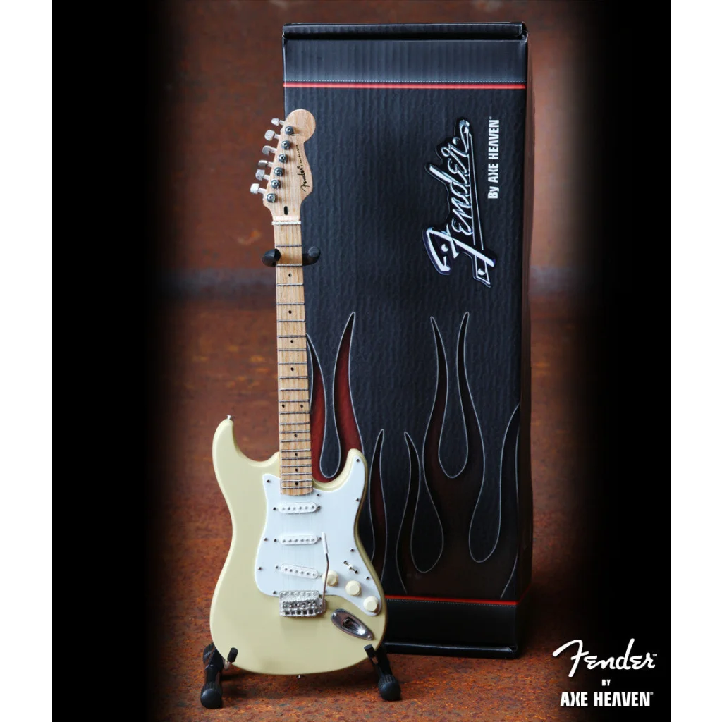 Mini white Fender Strat model on Axe Heaven adjustable A-frame stand in guitar case gift